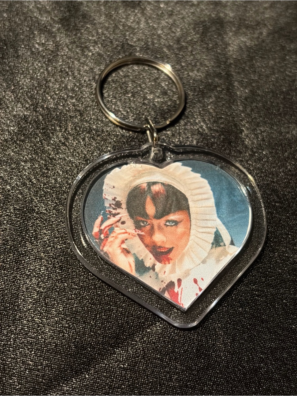Heart Keychain with Vintage Horror Nurse Image - Blue, White, Red